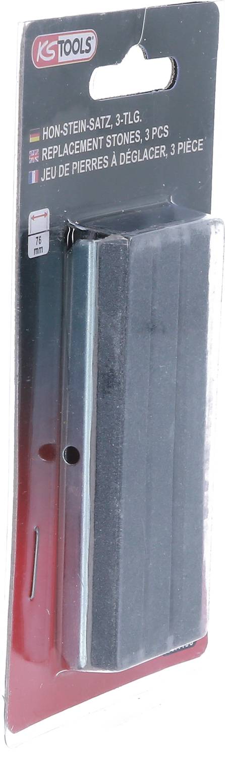 Opakowanie z zestawem trzech kamieni szlifierskich marki KS Tools. Zawiera etykietę z opisem w trzech językach.