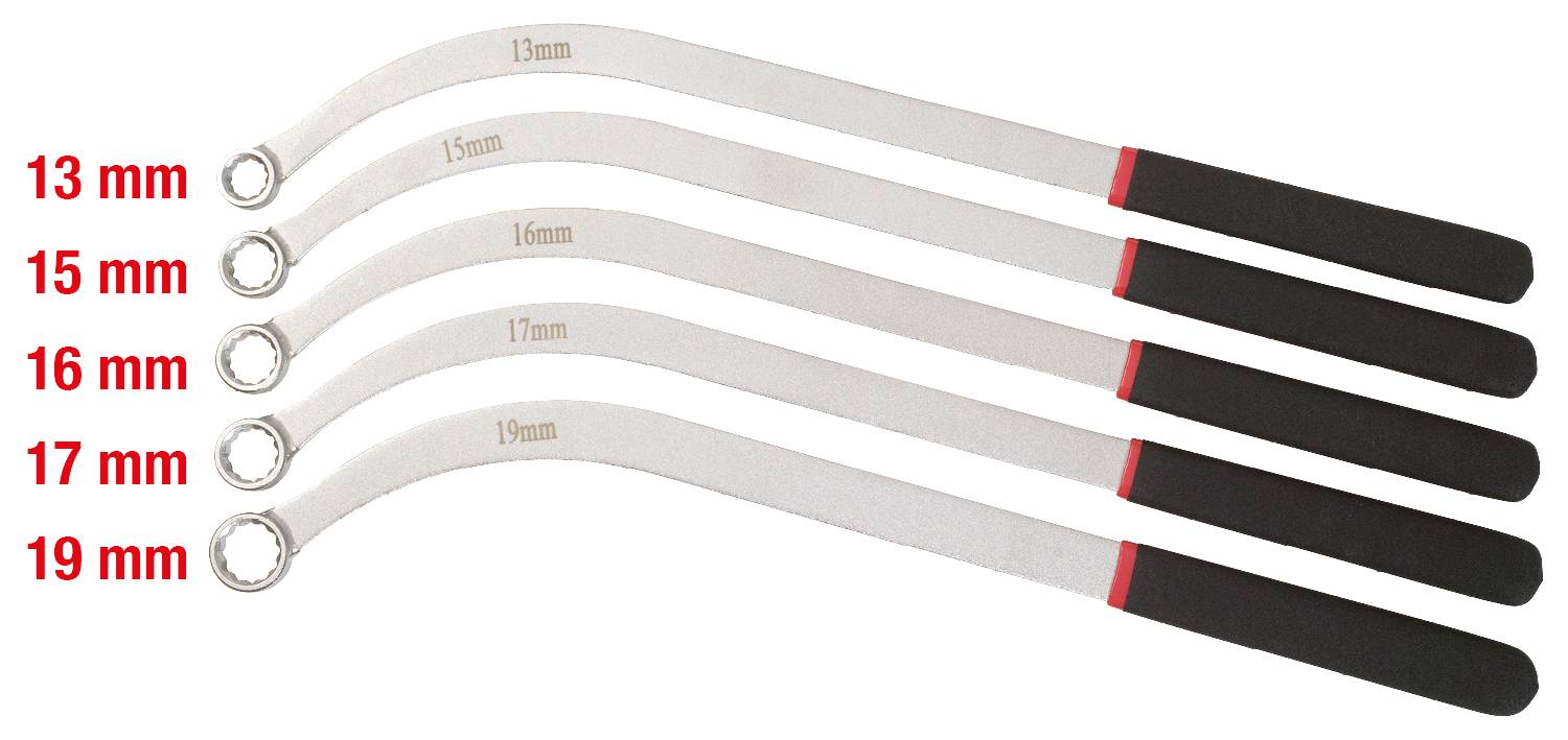 Pięć kluczy płaskich o różnych rozmiarach: 13 mm, 15 mm, 16 mm, 17 mm, 19 mm. Idealne do trudno dostępnych miejsc.