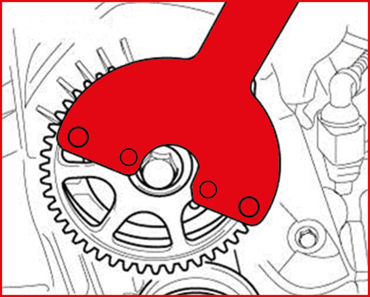 Czerwone narzędzie chwyta koło zębate w technicznym rysunku maszyny lub silnika, przedstawiając połączenie lub proces naprawy.