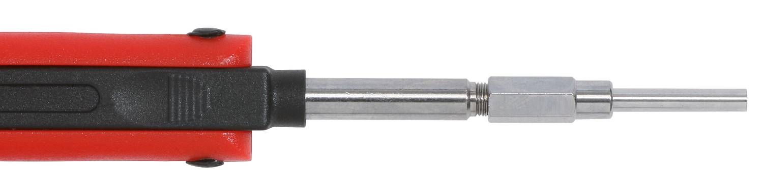 Czerwony wkrętak z wymiennym grotem, częściowo widoczny, na białym tle.