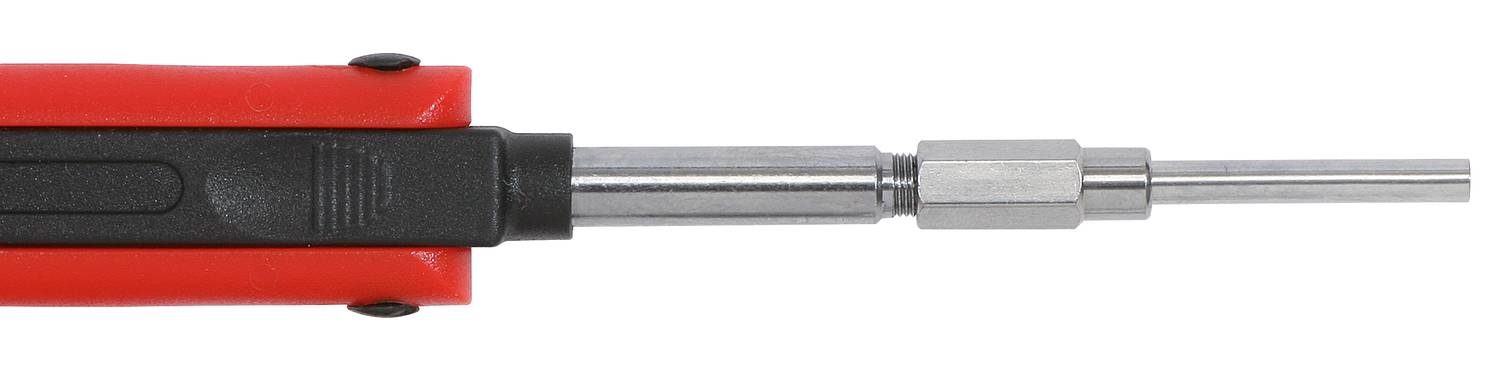 Czerwony, wieloczęściowy wkrętak z czarną rękojeścią i wymiennym metalowym grotem.