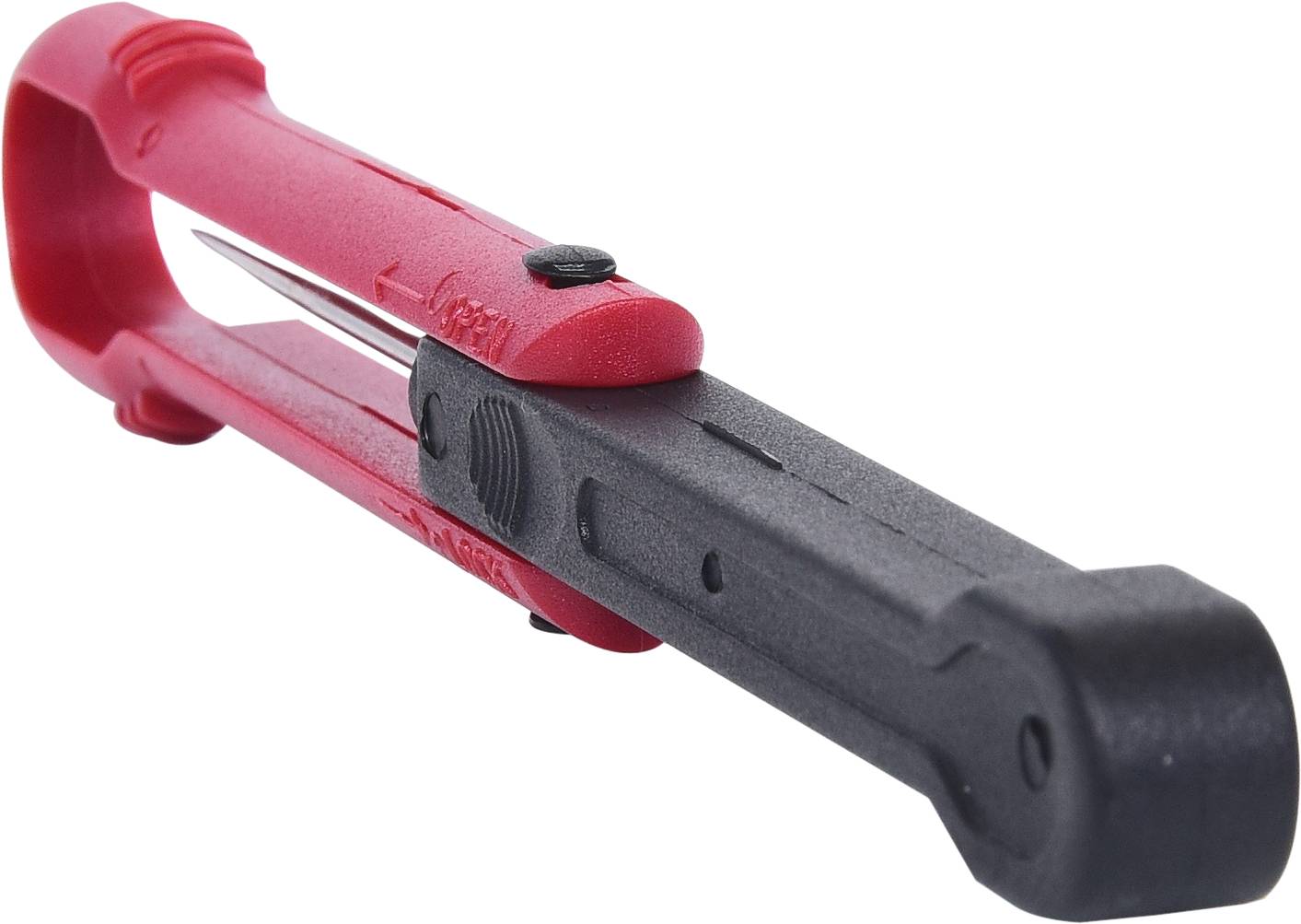 Prosty, przenośny ostrzałka do noży z czerwonym uchwytem i czarnymi powierzchniami ścierającymi. Odpowiedni do noży kuchennych.