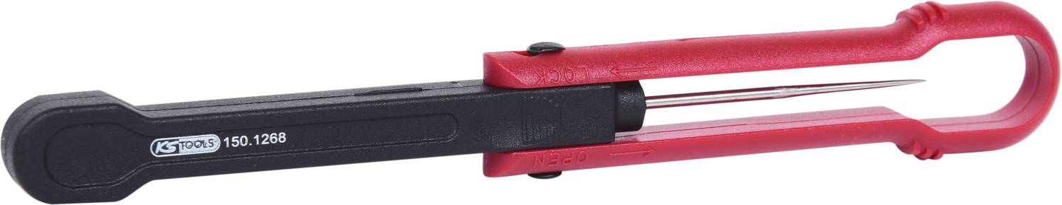 Czerwone i czarne narzędzie do oznaczania zwijanych metalowych elementów lub drutu, wyposażone w ostry metalowy bolec służący do mocowania.