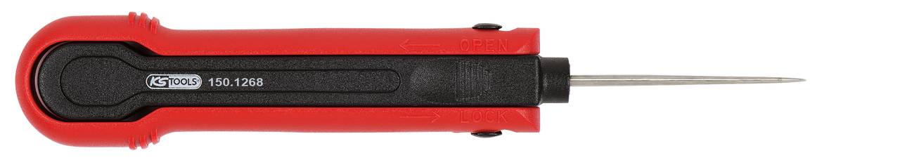 Czerwony tester napięcia z czarną rączką i metalowym czubkiem, ułożony poziomo.