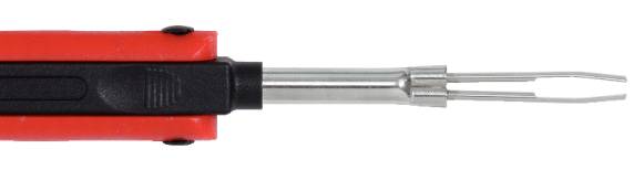 Czerwony lutownik z cienką metalową końcówką, odpowiedni do precyzyjnych prac lutowniczych.