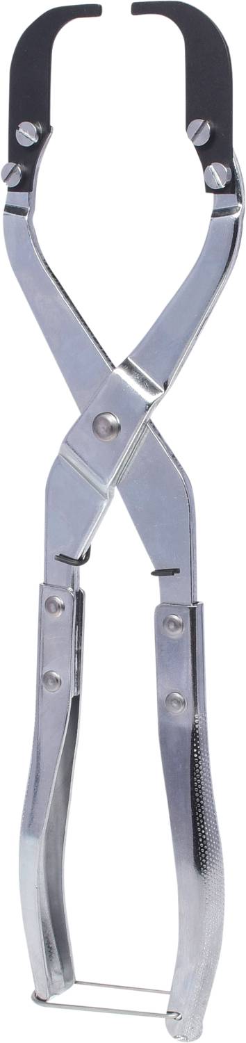 Srebrne szczypce z czarnymi końcówkami, przeznaczone do chwytania obiektów. Narzędzie ma kształt przypominający nożyce.