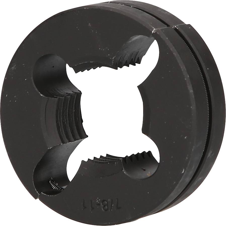 Okrągła, czarna głowica gwintująca do obróbki gwintów, z czterema wycięciami.