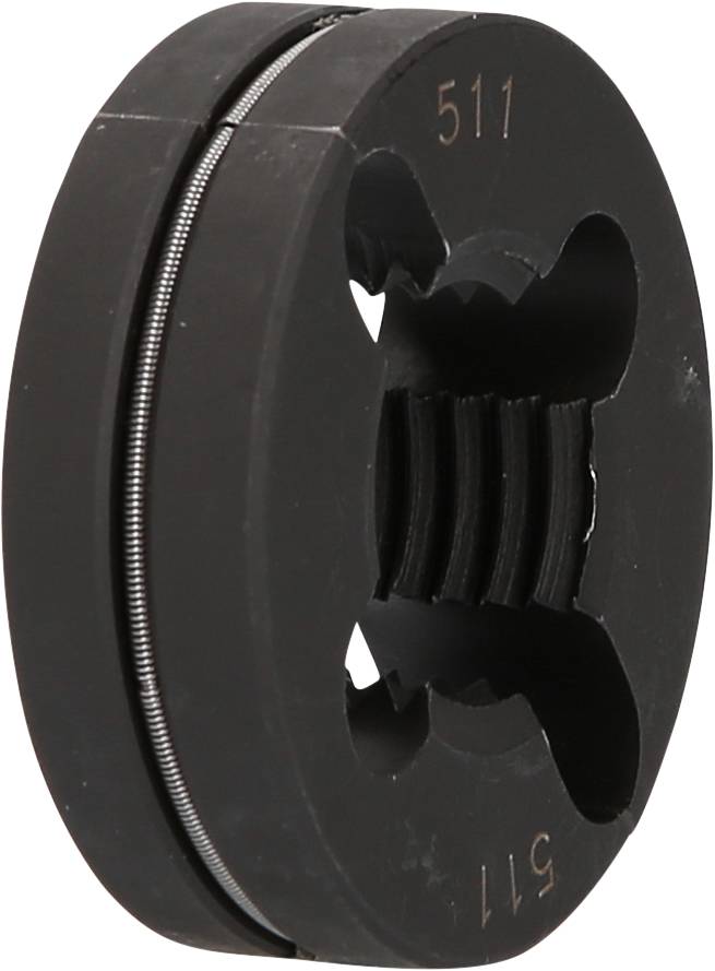 Czarny okrągły gwintownik z numerem '511', ukazujący wewnętrzną strukturę gwintu. Stosowany do formowania lub naprawy gwintów.