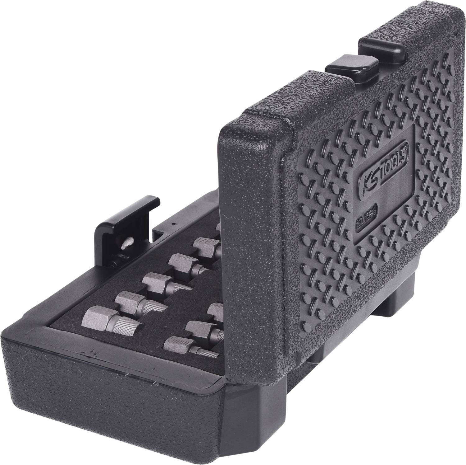 Otwarty zestaw narzędziowy z różnymi nakładkami sześciokątnymi, ułożonymi w wkładce z pianki.