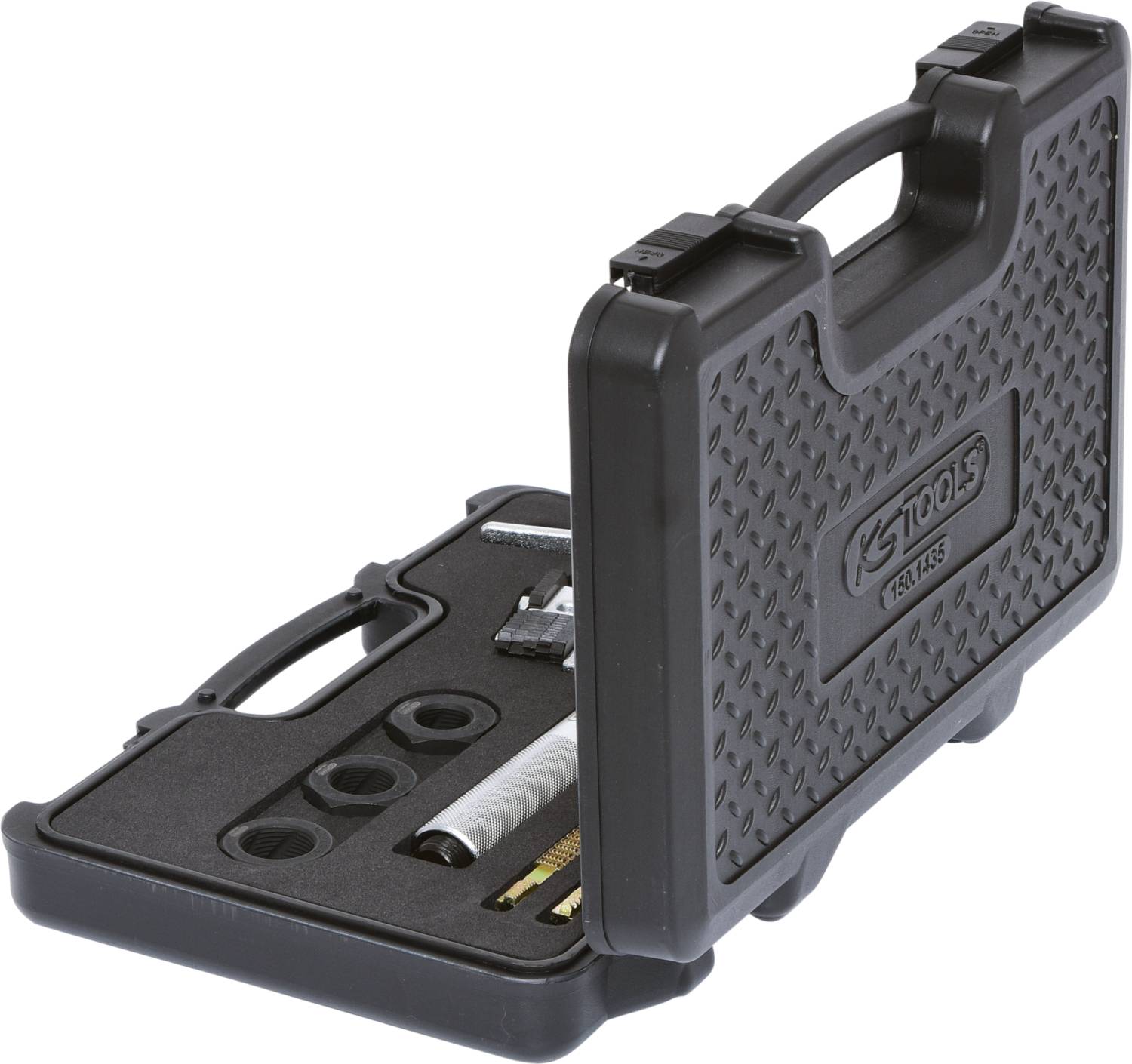 Czarny kufer narzędziowy z kluczami imbusowymi i akcesoriami, częściowo otwarty. Zawiera kilka przegródek i narzędzi do prac naprawczych.