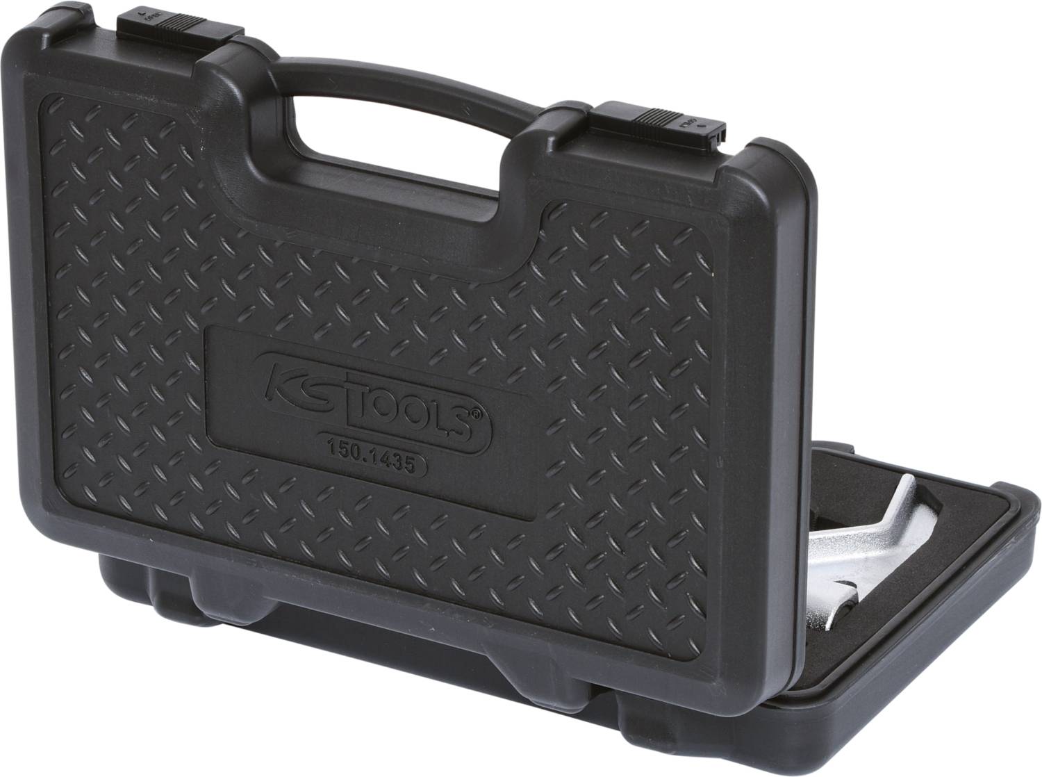 Czarny kufer na narzędzia z wytłoczonym logo, lekko otwarty. Częściowo widoczny jest klucz hydrauliczny.