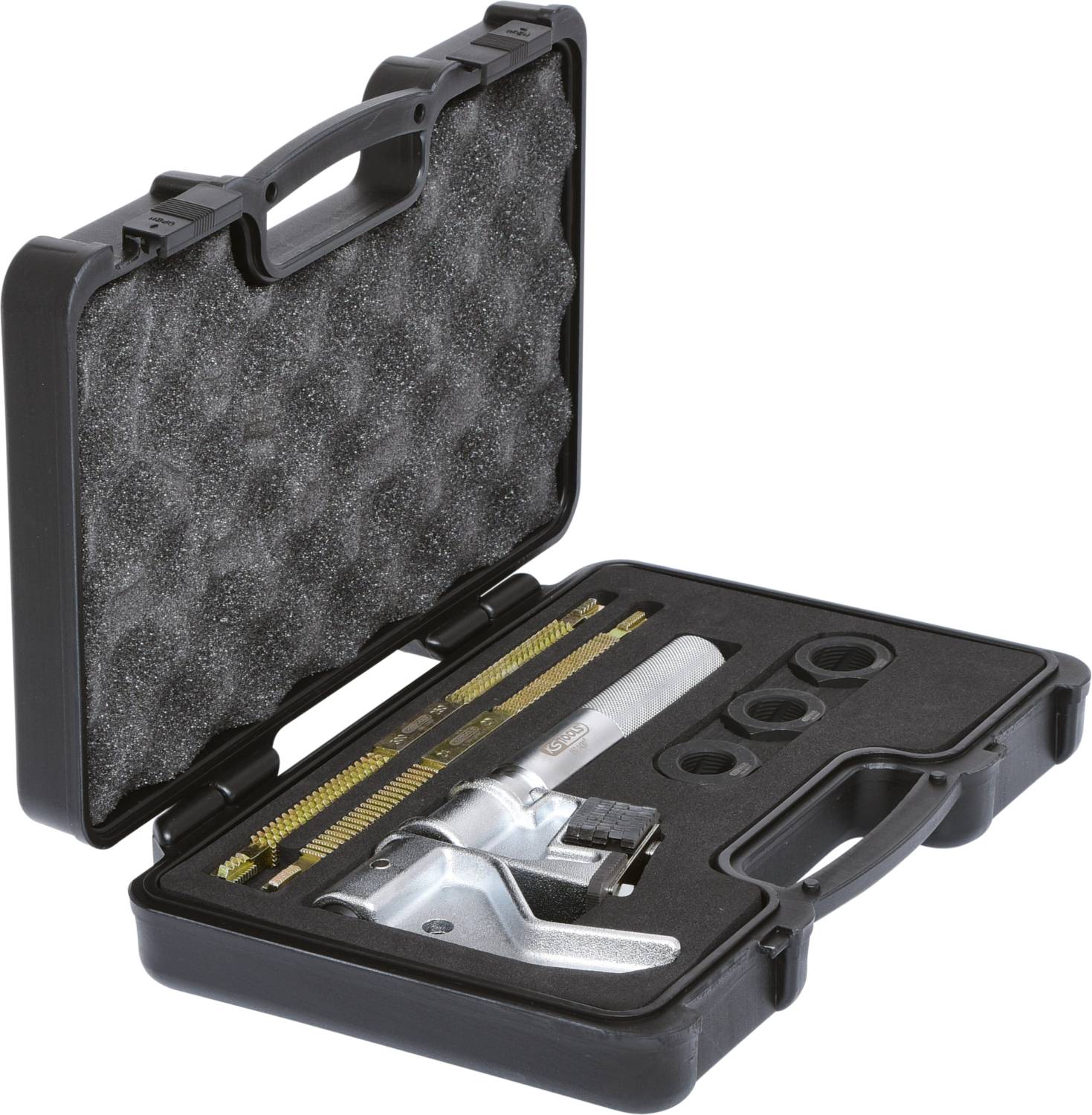 Czarny kufer wyłożony gąbką, zawiera giętarkę do rur, obcinarkę do rur i akcesoria. Idealny do prac hydraulicznych.