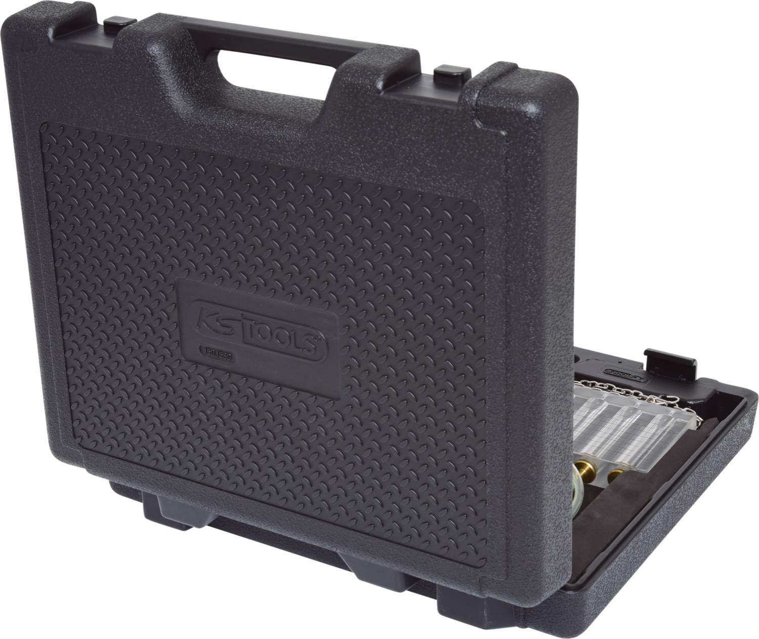 Czarny walizka na narzędzia z wytłoczonym logo 'KS Tools' na przedniej stronie, lekko otwarta, ukazująca fragmenty zawartego w niej zestawu narzędzi.