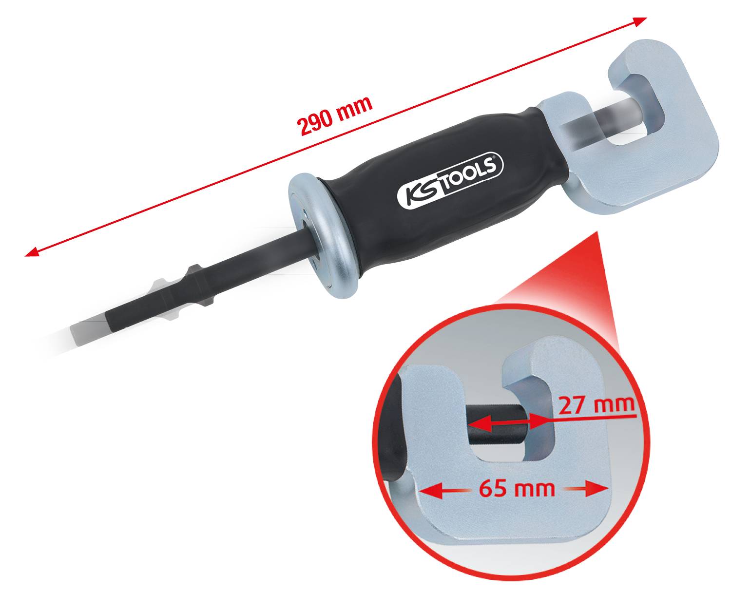 Narzędzie do cofania tłoczka hamulcowego firmy KS Tools o długości 290 mm. Widok szczegółowy przedstawia otwór o średnicy 27 mm i całkowitą wysokość szczypiec wynoszącą 65 mm.