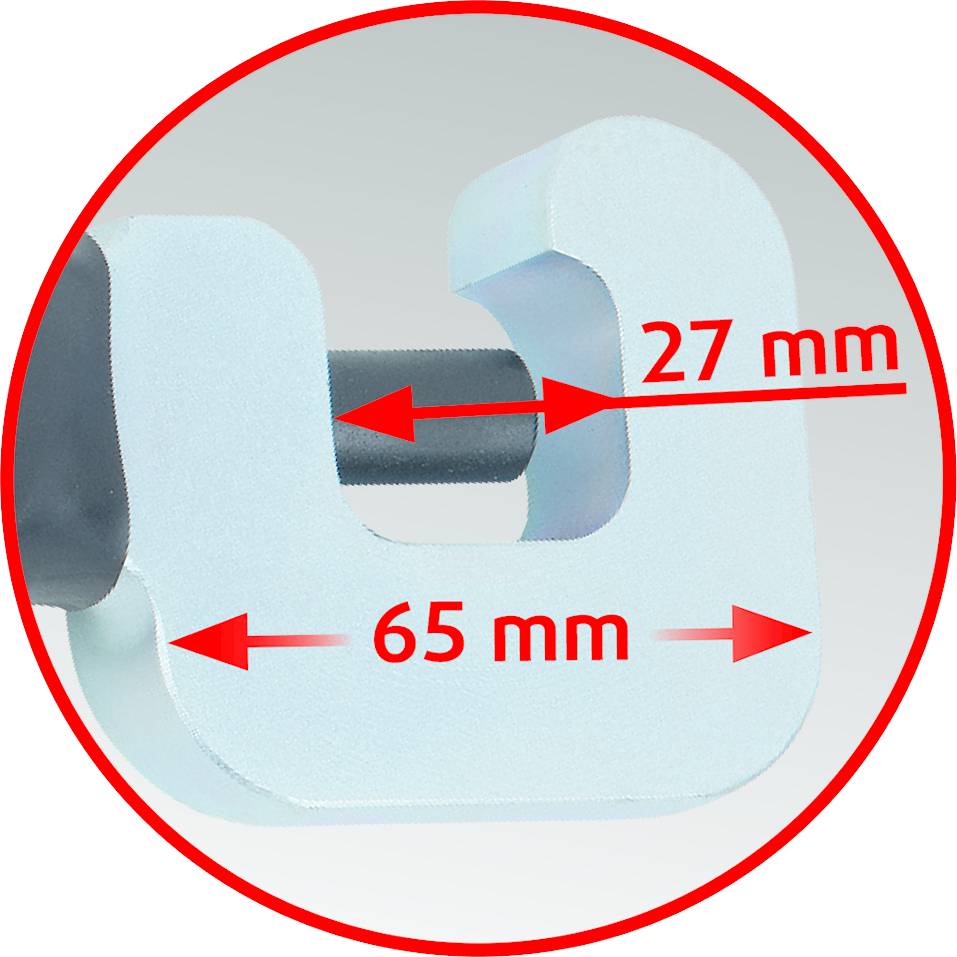 Narzędzie metalowe w kształcie litery U jest oznaczone strzałkami i pomiarami: szerokość 65 mm, rozstaw 27 mm. Narzędzie wydaje się solidne.