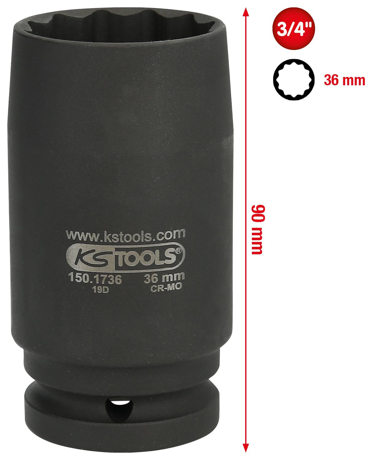 Czarny nasadowy klucz udarowy ze stali CrMo, 36 mm, napęd 3/4 cala. Długość: 90 mm. Odpowiedni do zastosowań warsztatowych.