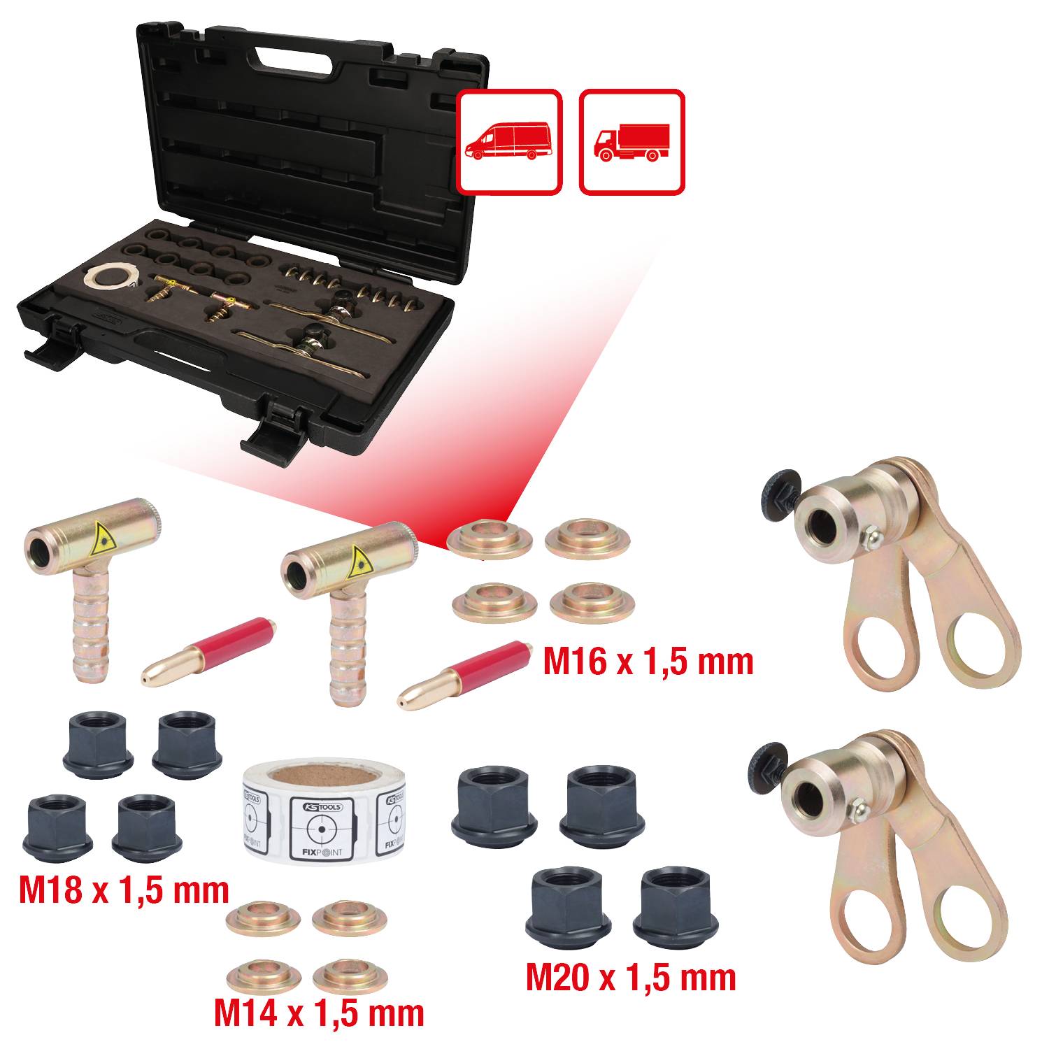 'Zestaw narzędzi w otwartej walizce z różnymi elementami metalowymi, złączkami śrubowymi i uszczelkami, odpowiedni do pojazdów transportowych.'