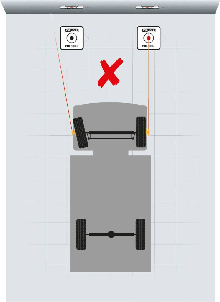 Samochód widziany z góry z czerwonymi liniami wychodzącymi z lusterek wstecznych i czerwonym krzyżem pomiędzy nimi, ilustrujący nieprawidłowy dystans.