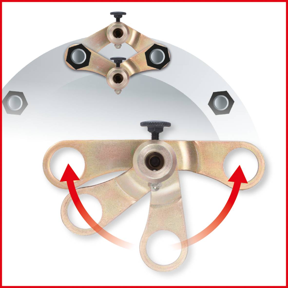 Narzędzie mocujące: uchwyt metalowy z trzema otworami i wkładkami śrubowymi, czerwony brzeg, dwa czerwone strzałki wskazujące na otwory.
