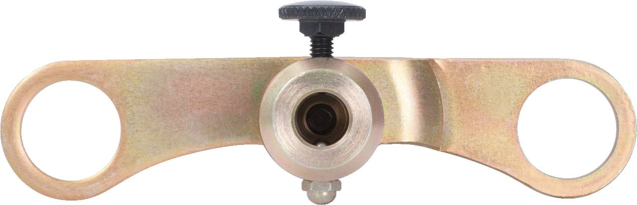 Narzędzie metalowe z dwoma okrągłymi uchwytami i centralną śrubą, prawdopodobnie przeznaczone do zaciskania lub mocowania.