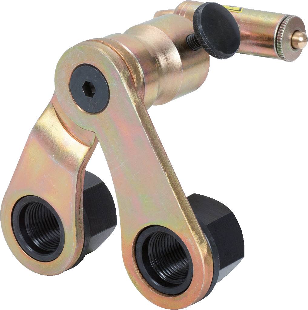 Metalowy chwytak z dwoma pazurowatymi ramionami i zamknięciem śrubowym, prawdopodobnie będący częścią mechanicznego narzędzia lub urządzenia.