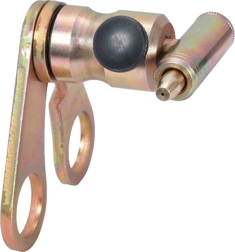 Metalowa śruba odpowietrzająca do pojazdu z dwoma otworami mocującymi, stosowana podczas obsługi technicznej samochodu.