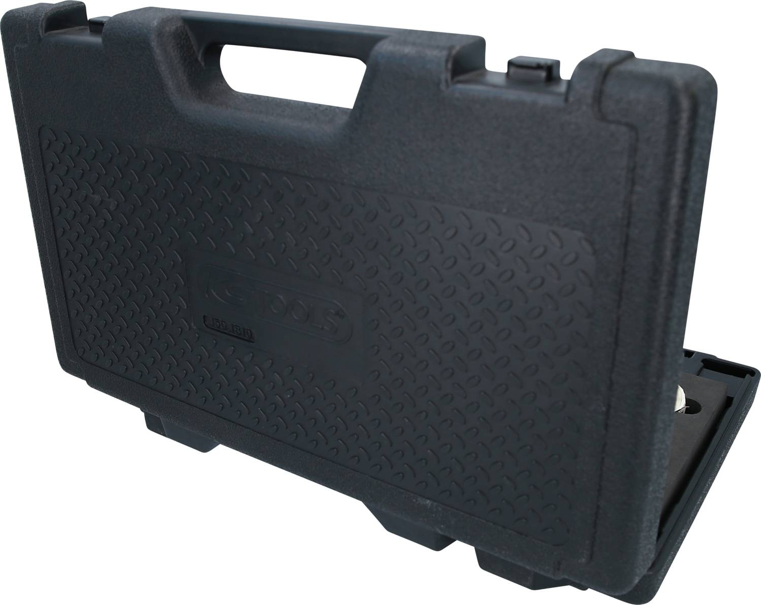 Czarny plastikowy kufer z uchwytem, lekko otwarty. Wygląda na to, że jest przeznaczony do przechowywania narzędzi lub sprzętu.