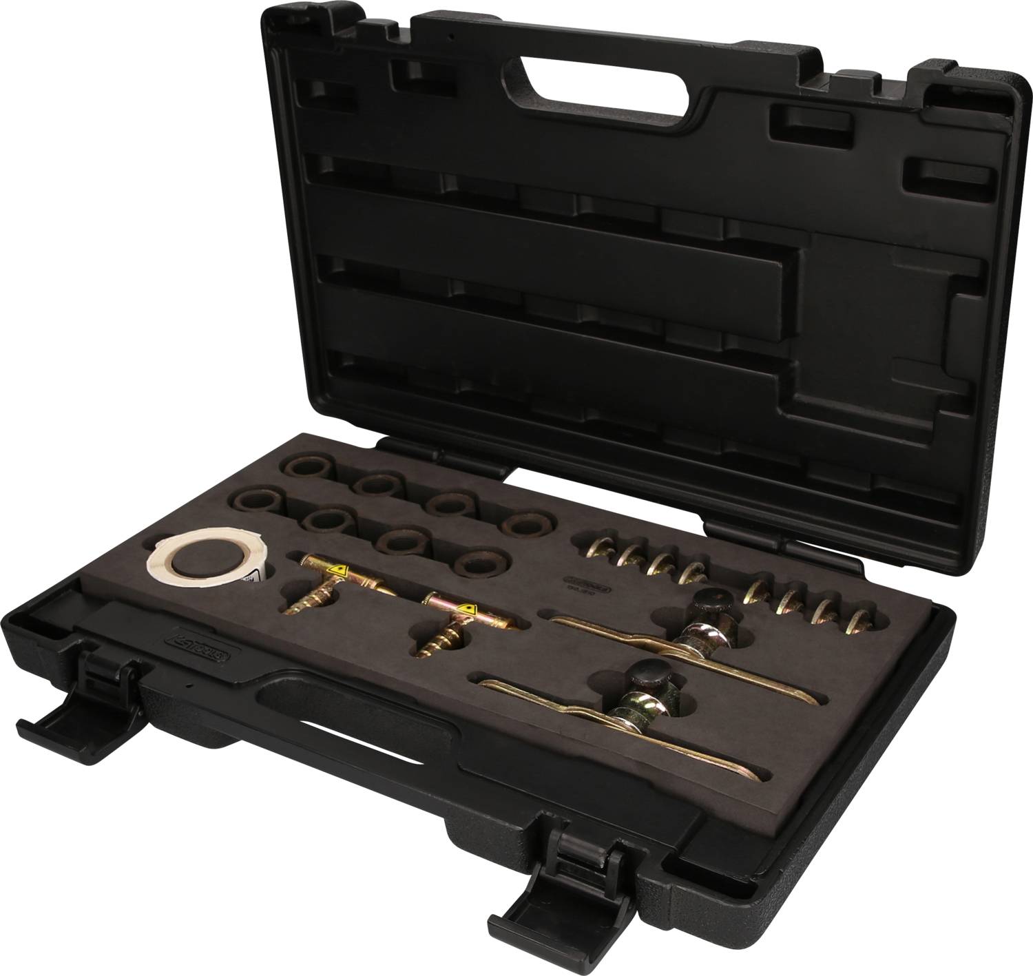 Otwarty czarny plastikowy kufer z różnymi elementami mocującymi i narzędziami, starannie ułożonymi w piankowej wkładce.