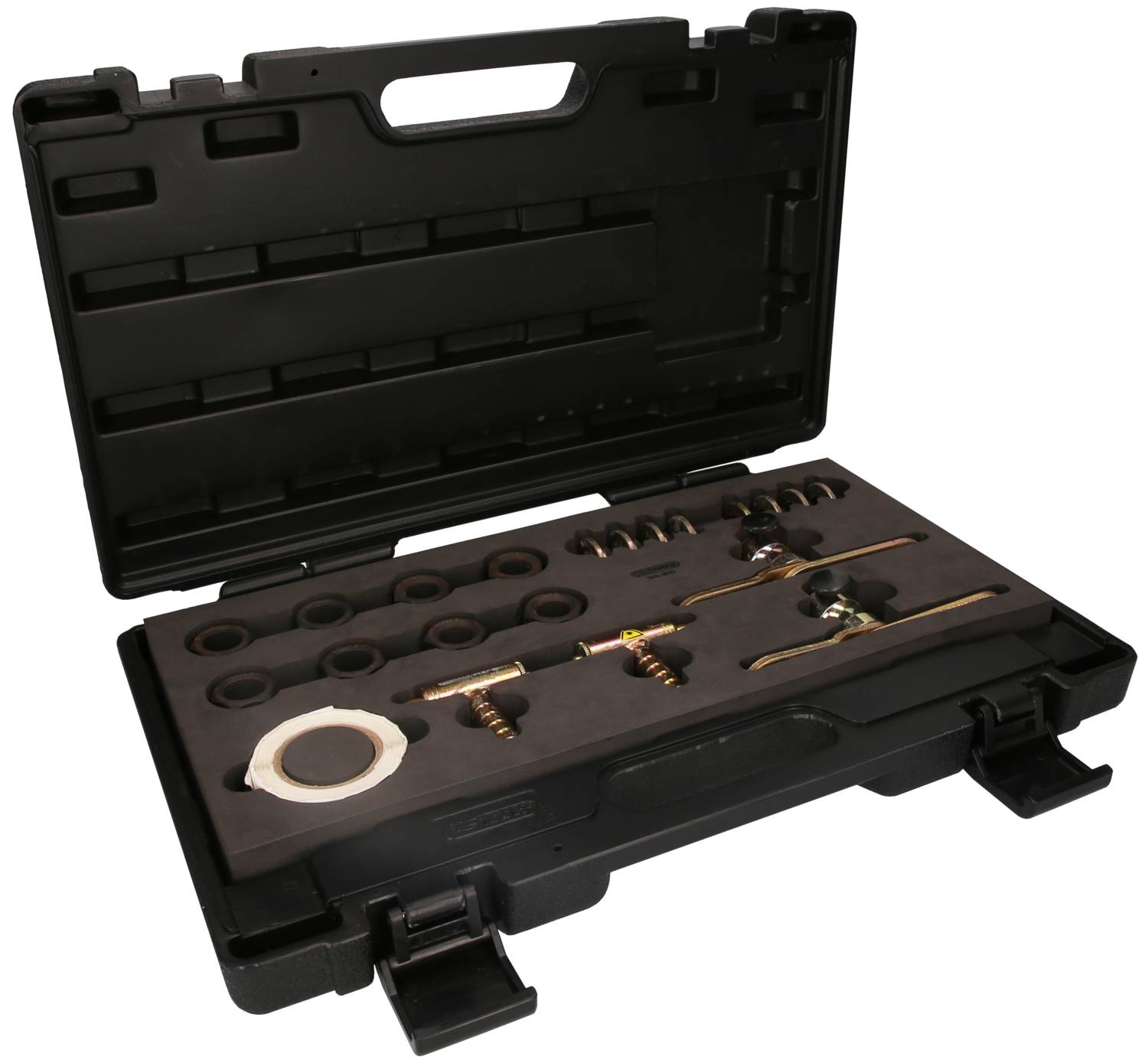 Otwarty czarny kufer z narzędziami hydraulicznymi, zawierający różne narzędzia, zawory i uszczelki, ułożone w schludnym porządku.