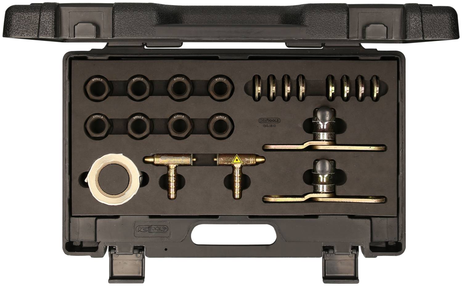 Zestaw narzędzi z różnymi końcówkami i narzędziami. Zawiera klucze, nakrętki i rolkę.