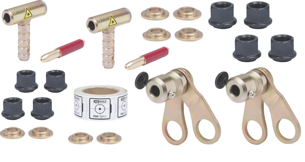 Zestaw części samochodowych, w tym dwa zawory spustowe, sześć nakrętek, złączki, uszczelki oraz rolki klejące.