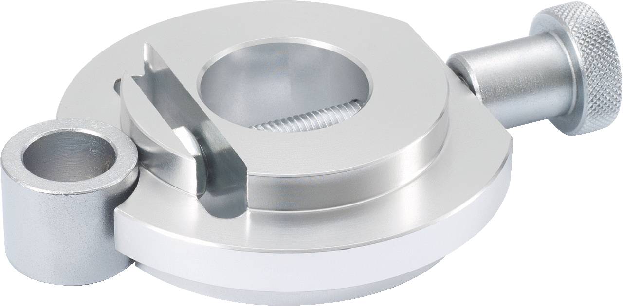 Metalowa oprawa z okrągłym otworem i mechanizmem śrubowym. Stosowana do mocowania komponentów lub urządzeń.
