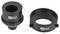 Dwa czarne metalowe adaptery od KS Tools, po lewej cylindryczny element z otworem, po prawej element w kształcie pierścienia z śrubami.