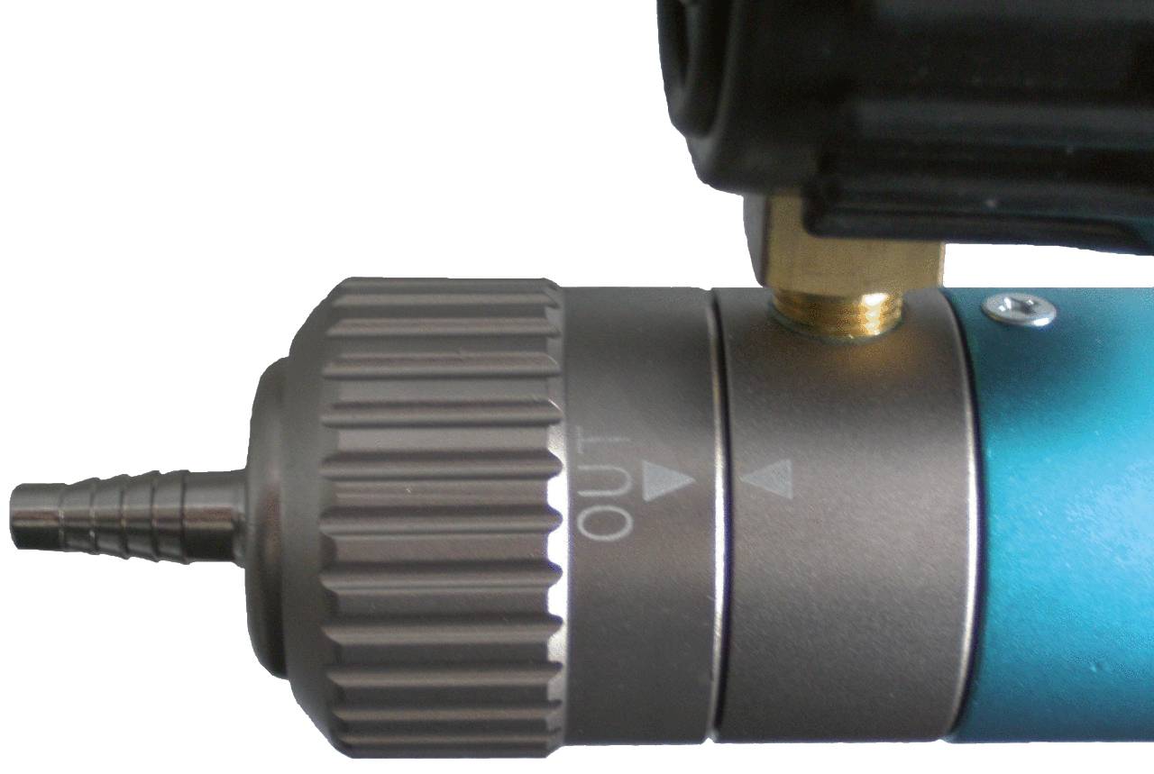 Zbliżenie niebieskiego narzędzia pneumatycznego z szarym pokrętłem i oznaczeniem 'OUT'. Główna funkcja: regulacja ciśnienia.