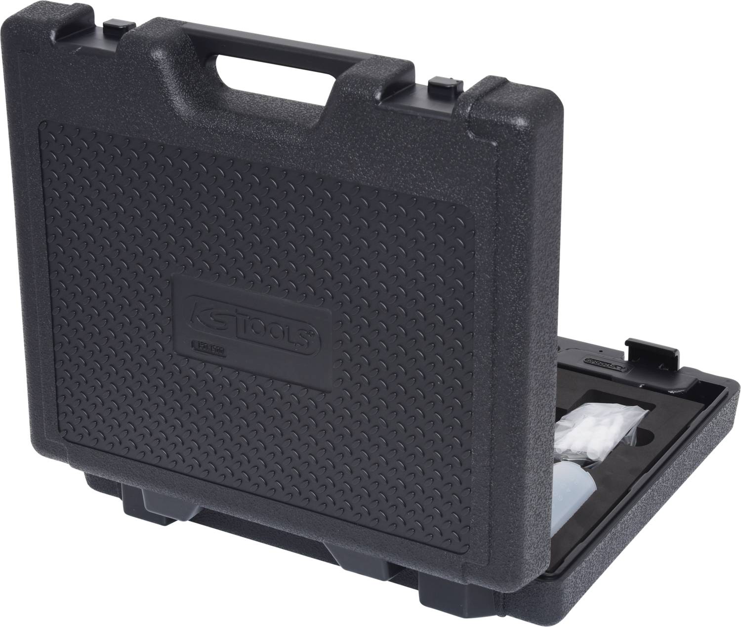 Czarny kufer na narzędzia z wytrzymałym uchwytem, częściowo otwarty, ukazujący narzędzia w środku. Odpowiedni do podstawowych narzędzi ręcznych.