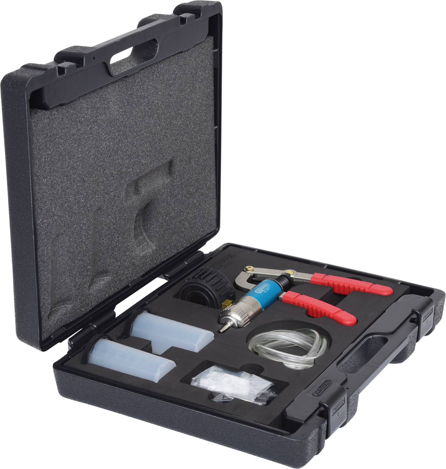 Otwarty czarny walizka na narzędzia z czerwonym i niebieskim zestawem do odpowietrzania hamulców, przewodami i akcesoriami.