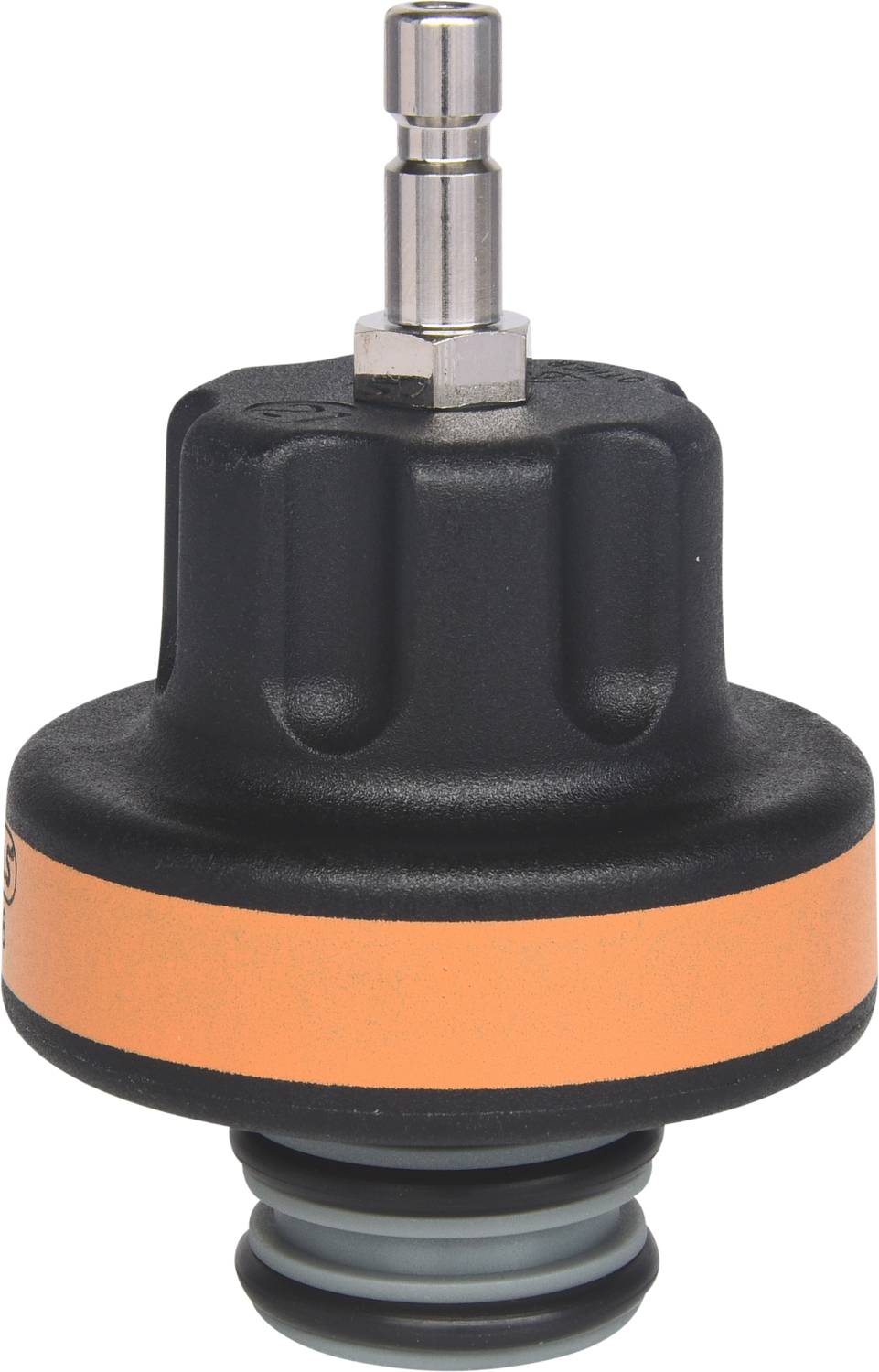 Czarne plastikowe zawór z pomarańczową opaską i srebrnym złączem na górze. Stosowany do regulacji ciśnienia w urządzeniach.