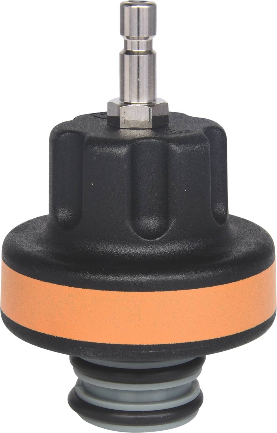 Czarny zawór z pomarańczowym paskiem i metalowym złączem, stosowany w systemach węży ogrodowych.