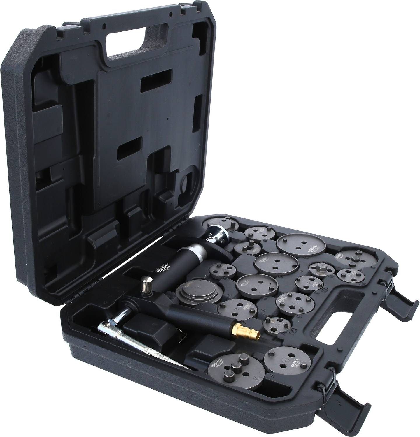 Otwarty kufer z narzędziami wypełniony różnymi okrągłymi metalowymi narzędziami i głównym narzędziem z ergonomicznym uchwytem, gotowy do użycia.