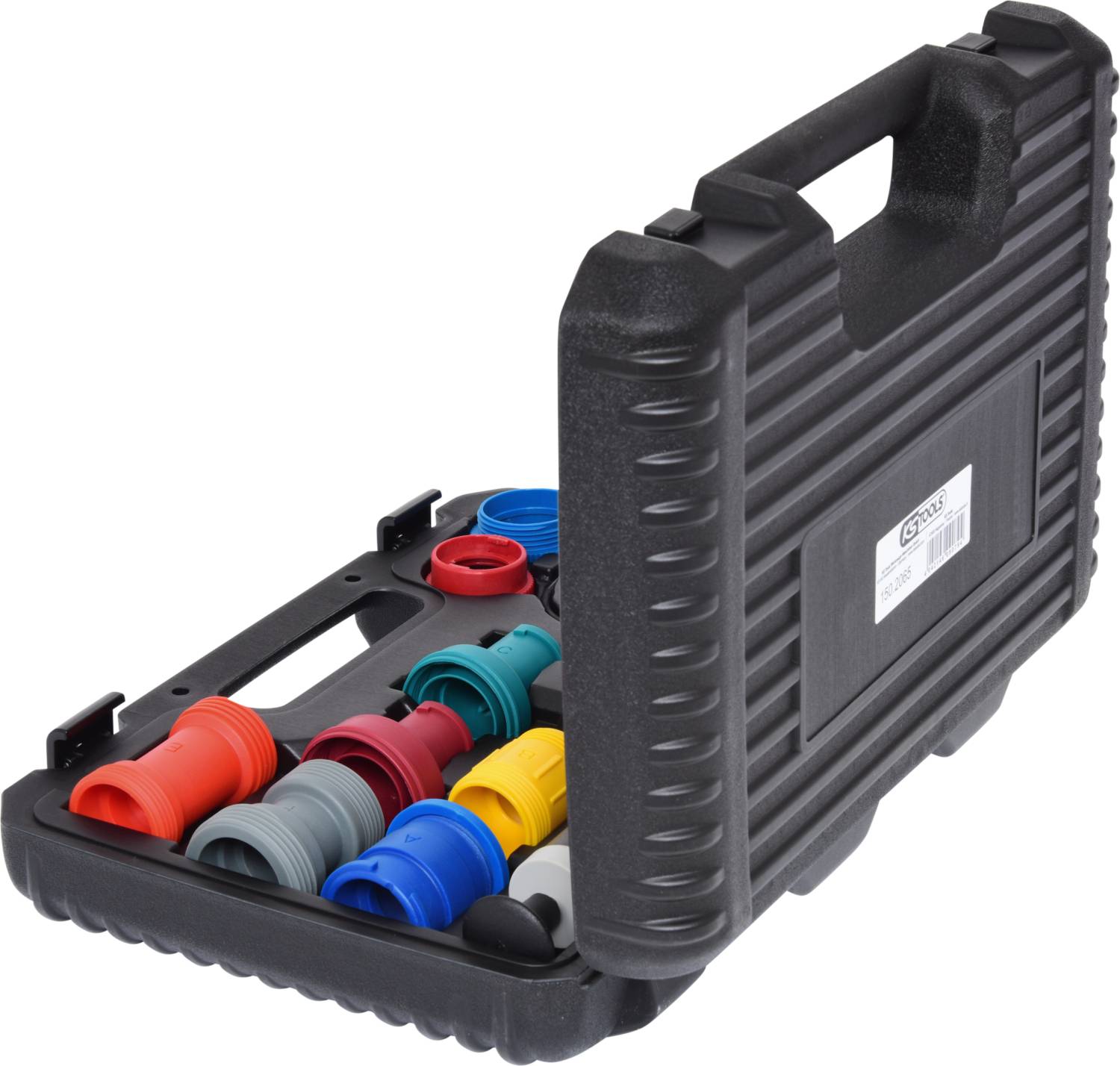 Otwarty czarny kufer z różnokolorowymi plastikowymi elementami adapter, ułożonymi w schludnych rzędach.