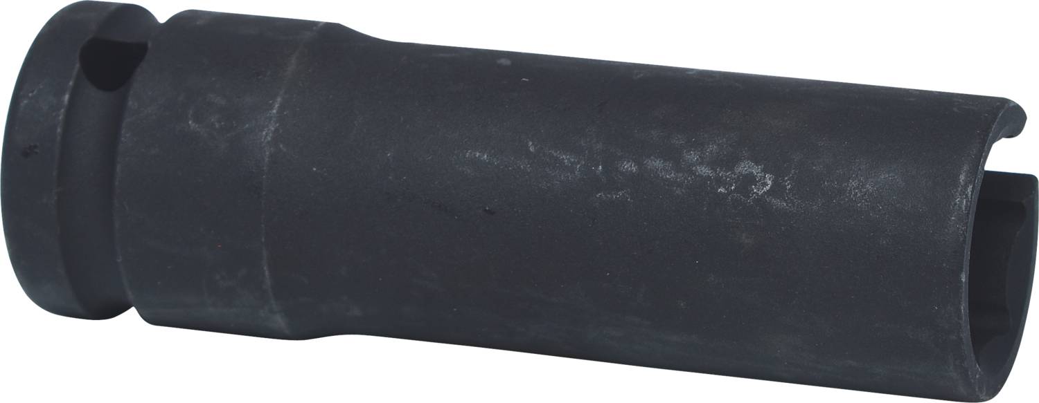 'Czarny cylindryczny metalowy narzędzie z zaokrągloną krawędzią i wgłębionym wzorem, prawdopodobnie wyspecjalizowany nasadowy klucz.'