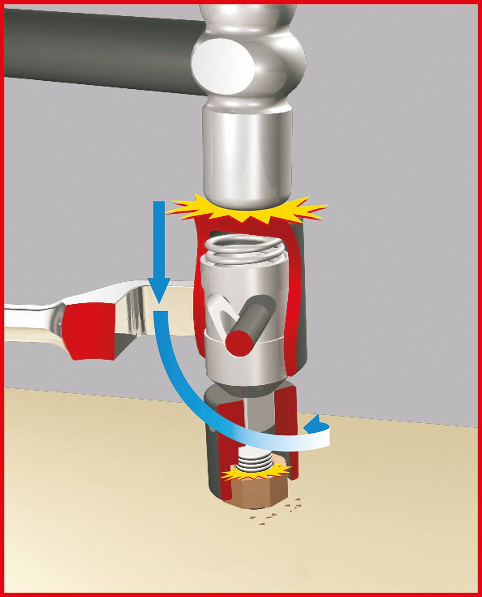 Ilustracja rury wodnej z nieszczelnym zaworem. Niebieskie i czerwone strzałki przedstawiają przepływ wody i wyciek płynu.