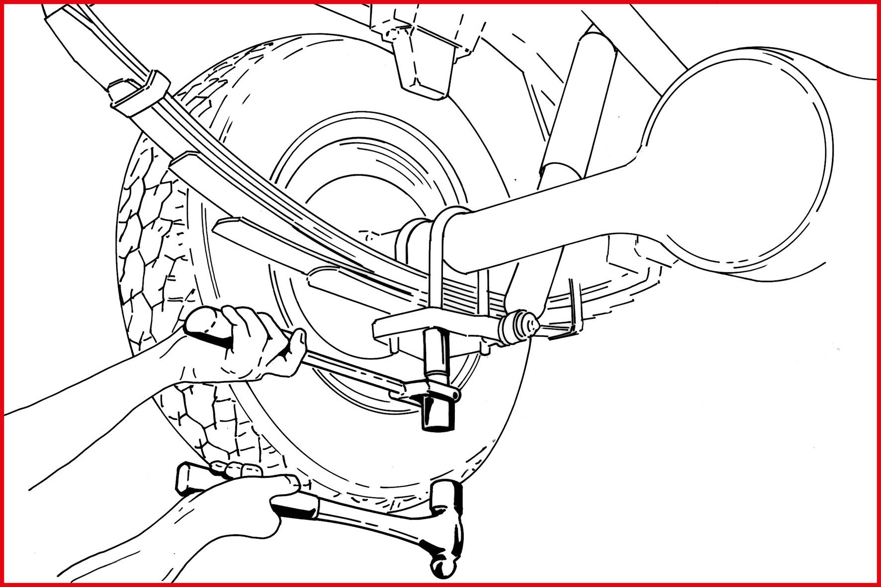 Człowiek demonstruje zamocowanie U-śruby na osi samochodu przy użyciu dwóch narzędzi.