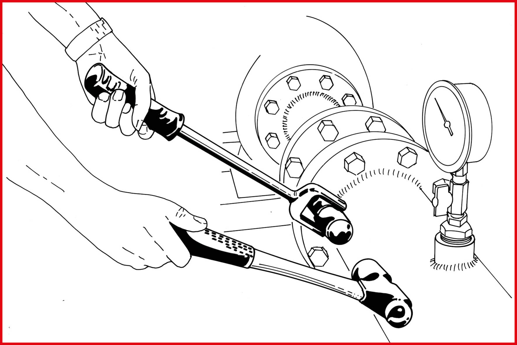 Osoba dokręca śruby dużej rury za pomocą dwóch kluczy, na której zamontowany jest manometr.