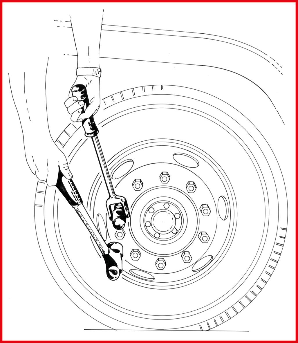 Dwie ręce za pomocą narzędzi odkręcają nakrętki przy kole samochodowym, aby je wymienić. Zdjęcie przedstawia proces wymiany opony.