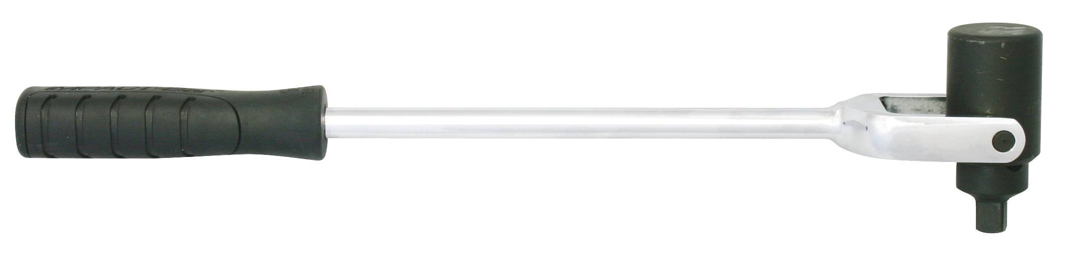 Klucz płaski z długą rączką i obrotową głowicą, przeznaczony do łatwego odkręcania lub dokręcania śrub i nakrętek.