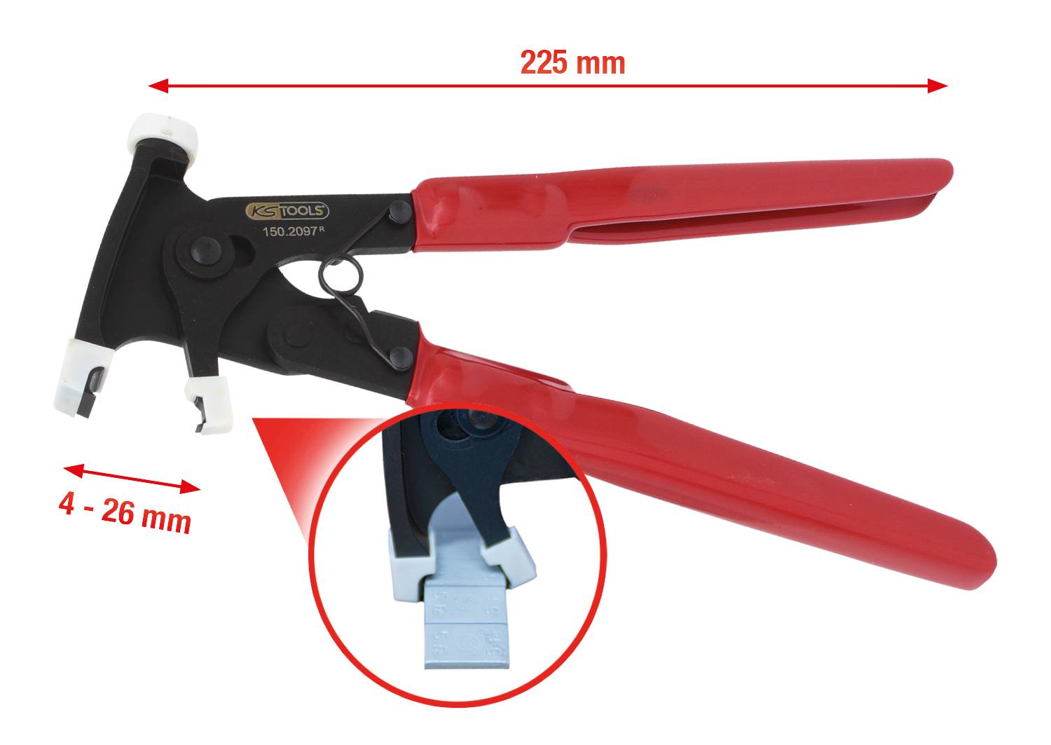 Szczypce z czerwoną rękojeścią, długość 225 mm. Zakres zastosowania: 4-26 mm. Powiększony fragment obrazu prezentuje mechanizm chwytający.