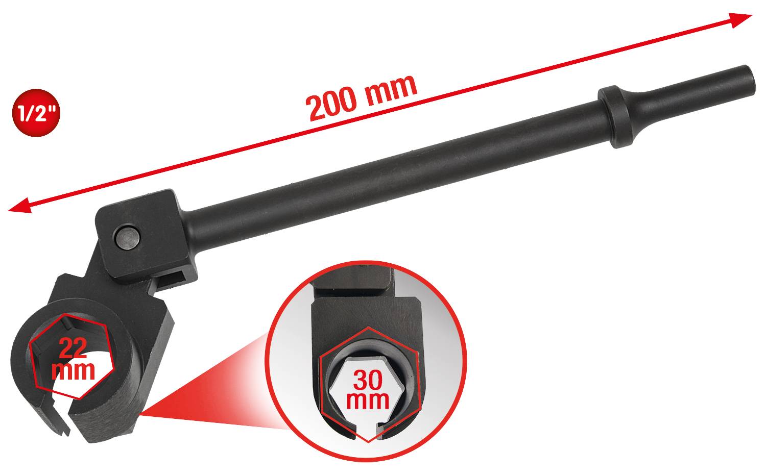 Klucz do rur metalowy, długości 200 mm, z otworami 22 mm i 30 mm. Czerwona strzałka oznacza długość 200 mm.