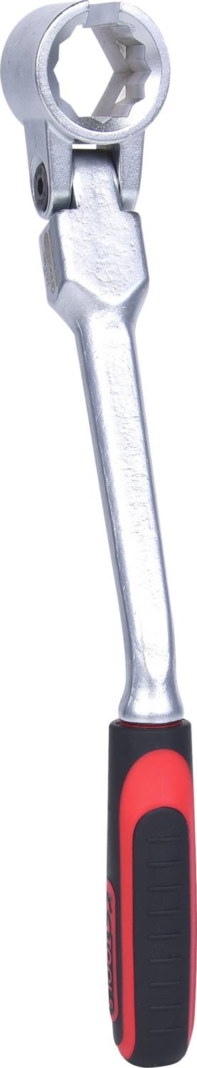 Srebrny klucz płasko-oczkowy z czarną i czerwoną rękojeścią, używany do dokręcania lub odkręcania śrub lub nakrętek.