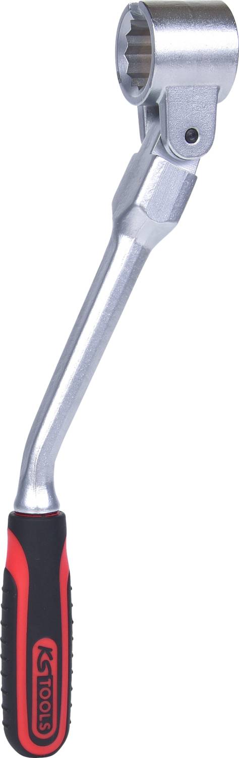 Srebrno-czarny klucz nasadowy z czerwonym gumowym uchwytem, przydatny do dokręcania lub odkręcania śrub.